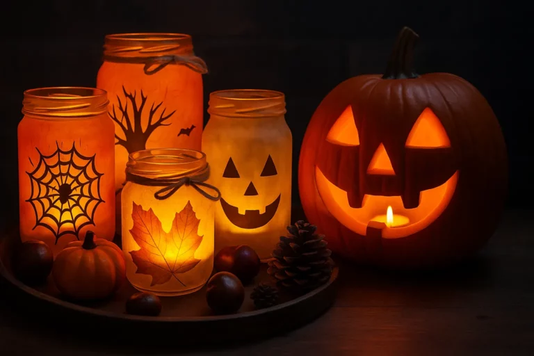 Windlichter basteln: DIY Glas-Windlichter mit Kürbisgesicht und Naturmaterialien als Halloween Deko
